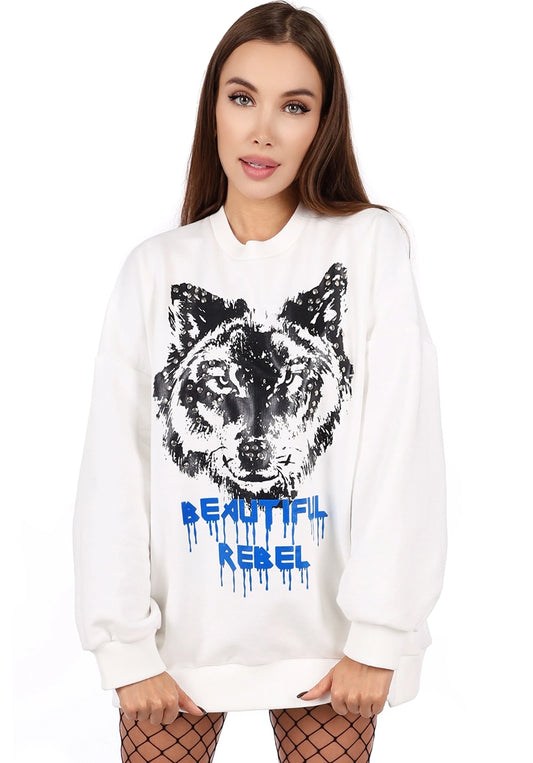 WOMEN’S OVERSIZE SWEATSHIRT REBEL WOLF — WHITE