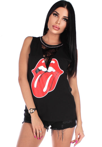 Women’s Sleeveless Mesh T-Shirt Rolling Tongue Black