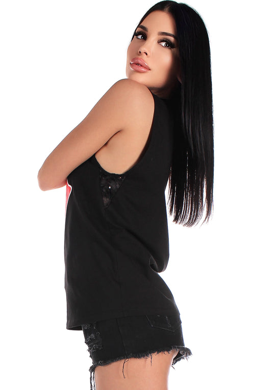 Women’s Sleeveless Mesh T-Shirt Rolling Tongue Black