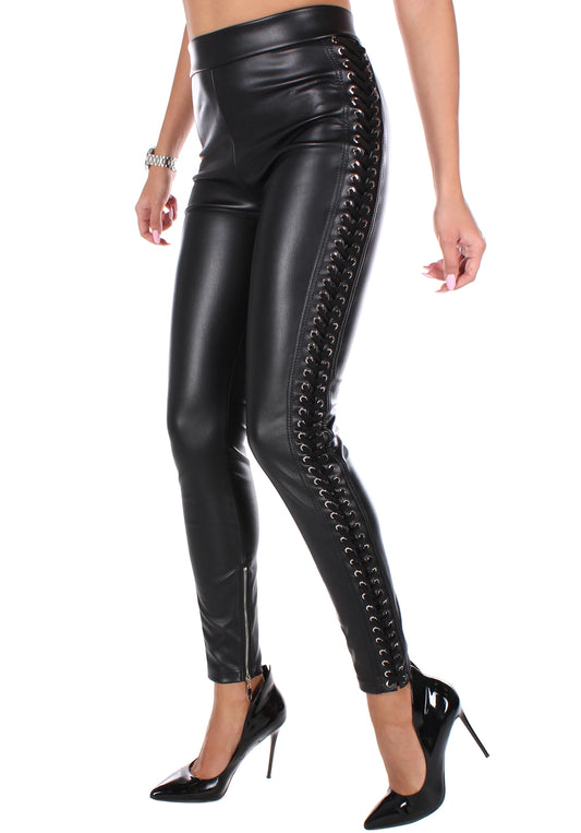 WOMEN’S STUDDED FULL LACE-UP FAUX LEATHER LEGGINGS SATISFACTION — BLACK