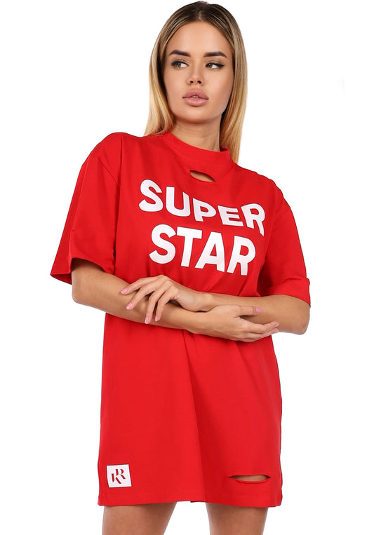 Women’s Distressed Oversize T-Shirt Dress Super Star Red
