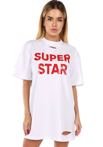 Women’s Distressed Oversize T-Shirt Dress Super Star White