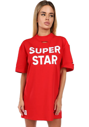 Women’s Distressed Oversize T-Shirt Dress Super Star Red