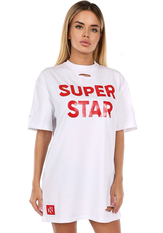 Women’s Distressed Oversize T-Shirt Dress Super Star White