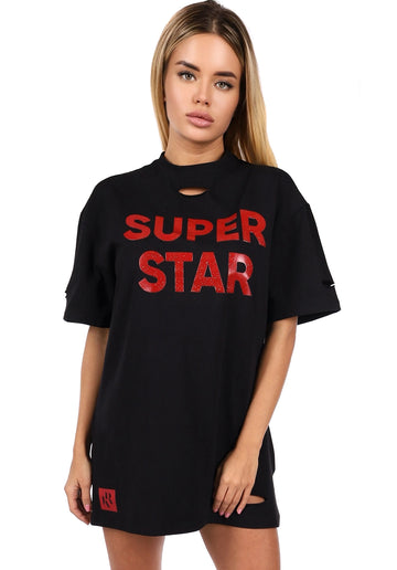 Women’s Distressed Oversize T-Shirt Dress Super Star Black