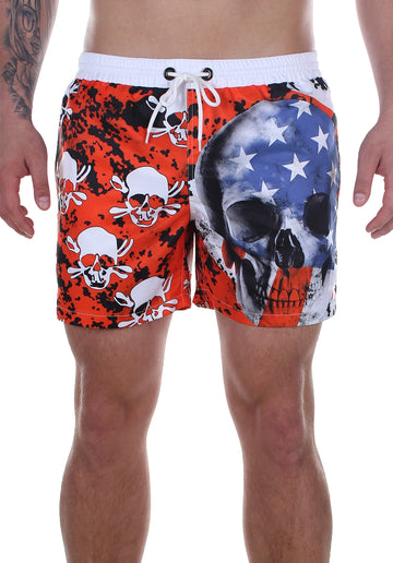 Men’s Swimshorts American Flag Skulls – Red