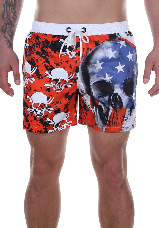 Men’s Swimshorts American Flag Skulls – Red