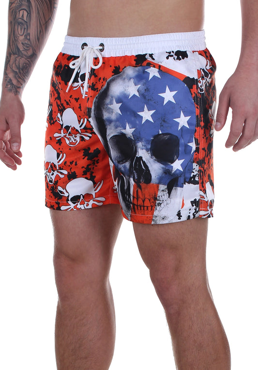 Men’s Swimshorts American Flag Skulls – Red