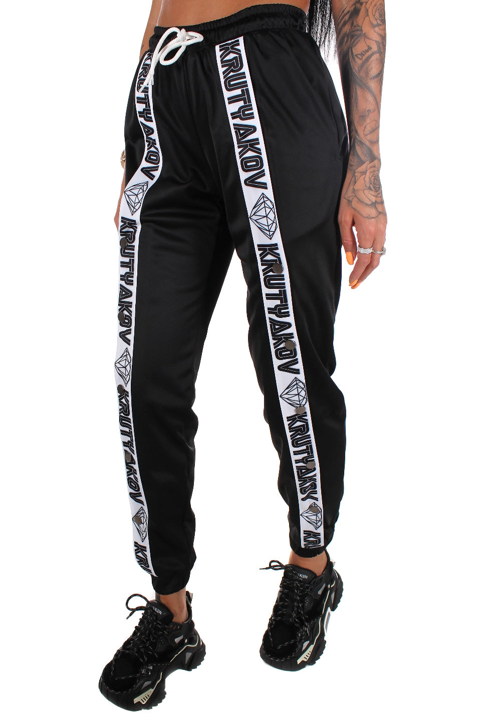 Women’s Front Snap Track Joggers Strip Diamonds — Black