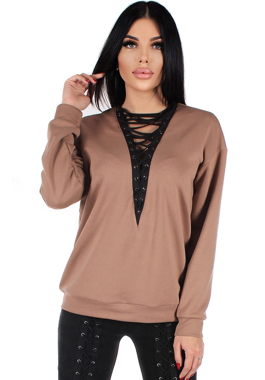 WOMEN’S SWEATSHIRT TEFFY WITH LACING — CARAMEL