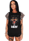 Women’s T-Shirt Meow Leopard Sleeves Black