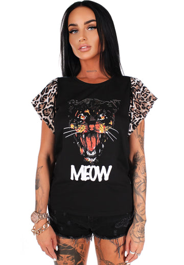 Women’s T-Shirt Meow Leopard Sleeves Black