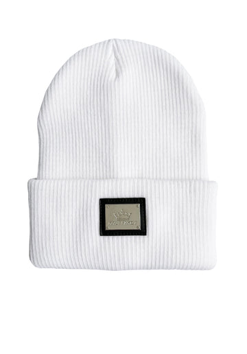 Women’s Beanie Hat Metal Logo – White