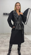 WOMEN’S CASHMERE & FAUX LEATHER BELTED COAT GARDA — BLACK