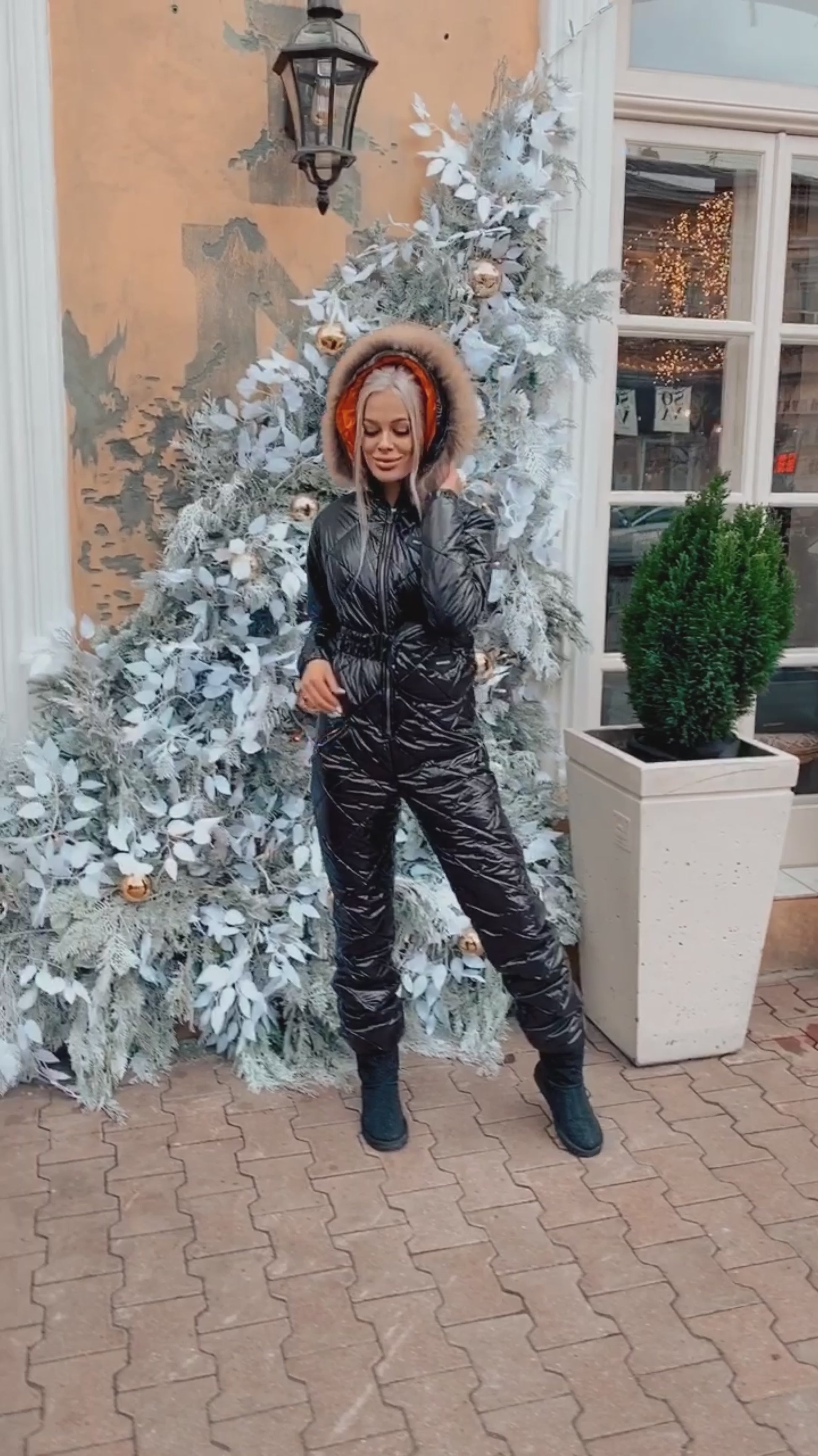 Women’s One Piece Ski Suit – Glossy Snow Suit Black Gloss