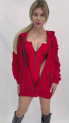 Women’s Designer Distressed Hoodie Destra Zipper — Red