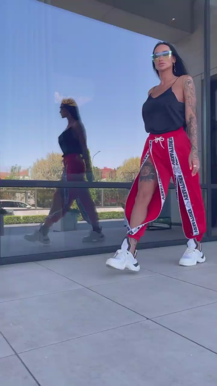 Women’s Front Snap Track Joggers Strip Diamonds — Red