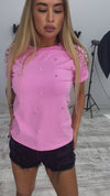 Women’s Pearl Embellished T-Shirt Pearls Pink