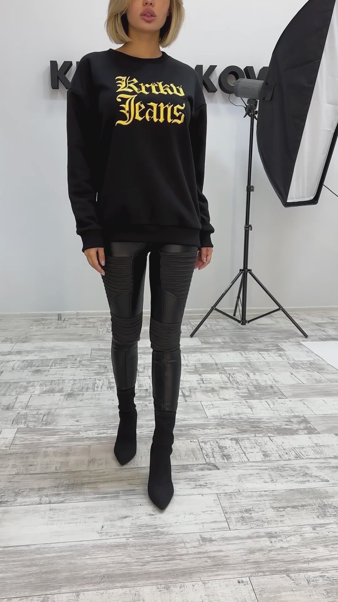 Women’s Sweatshirt 3D Embroidered Rhinestone — KRTKV Jeans Black