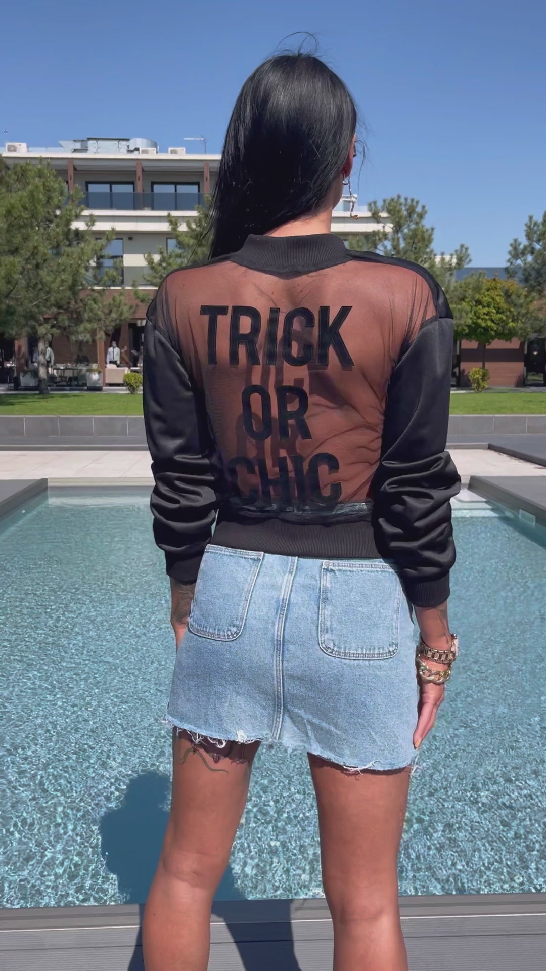Women’s Bomber Trick or Chic Black Mesh Back