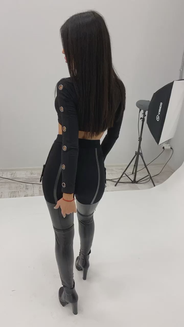 WOMEN’S ZIP-OFF 2-IN-1 FAUX LEATHER LEGGINGS TRANSFORMERS — BLACK