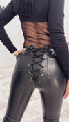 WOMEN’S LACE-UP FAUX LEATHER LEGGINGS DOMINGA — BLACK