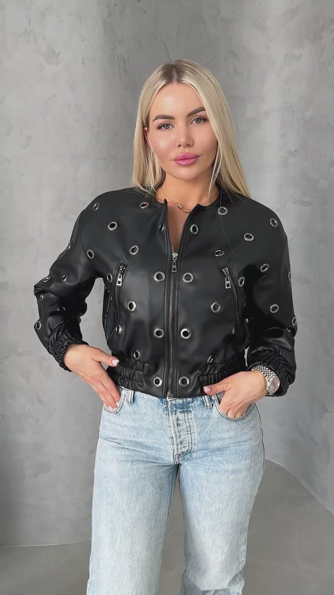Women’s Faux Leather Bomber Jacket – Metal Rings