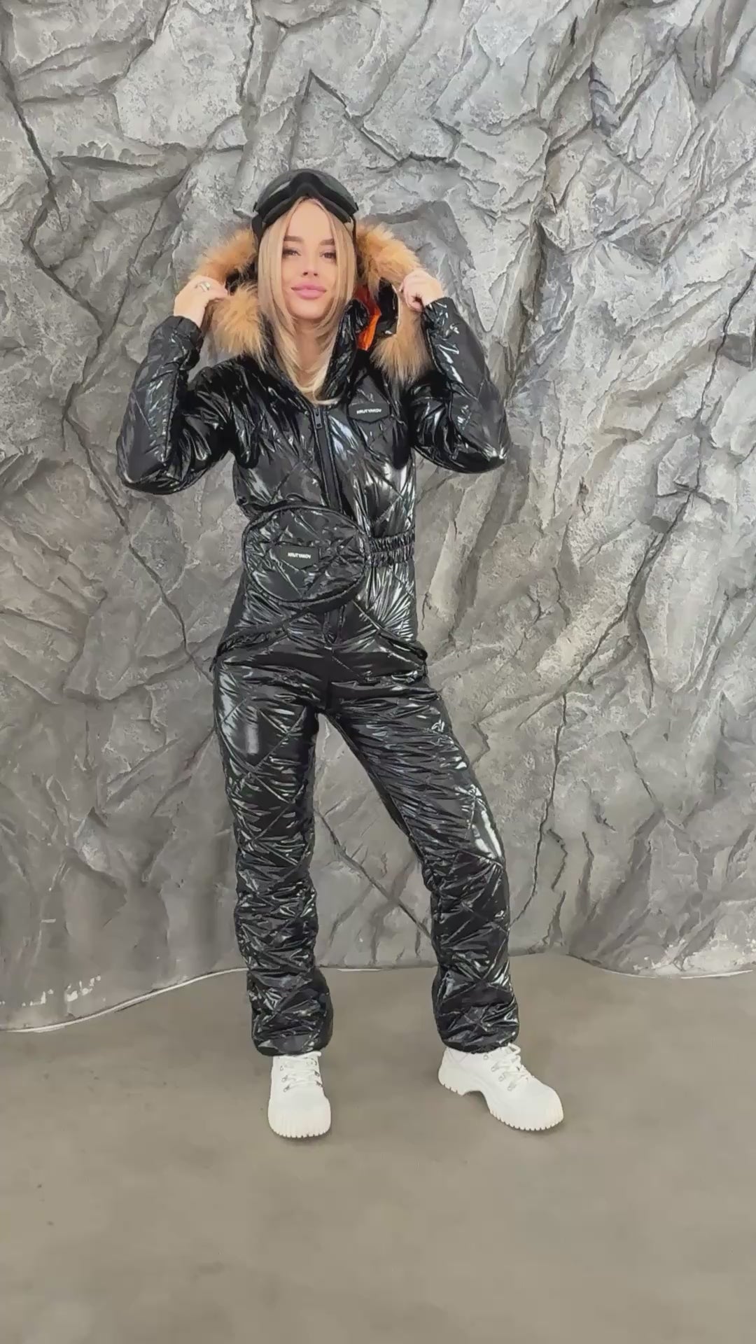 Women’s One Piece Ski Suit – Glossy Snow Suit Black Gloss