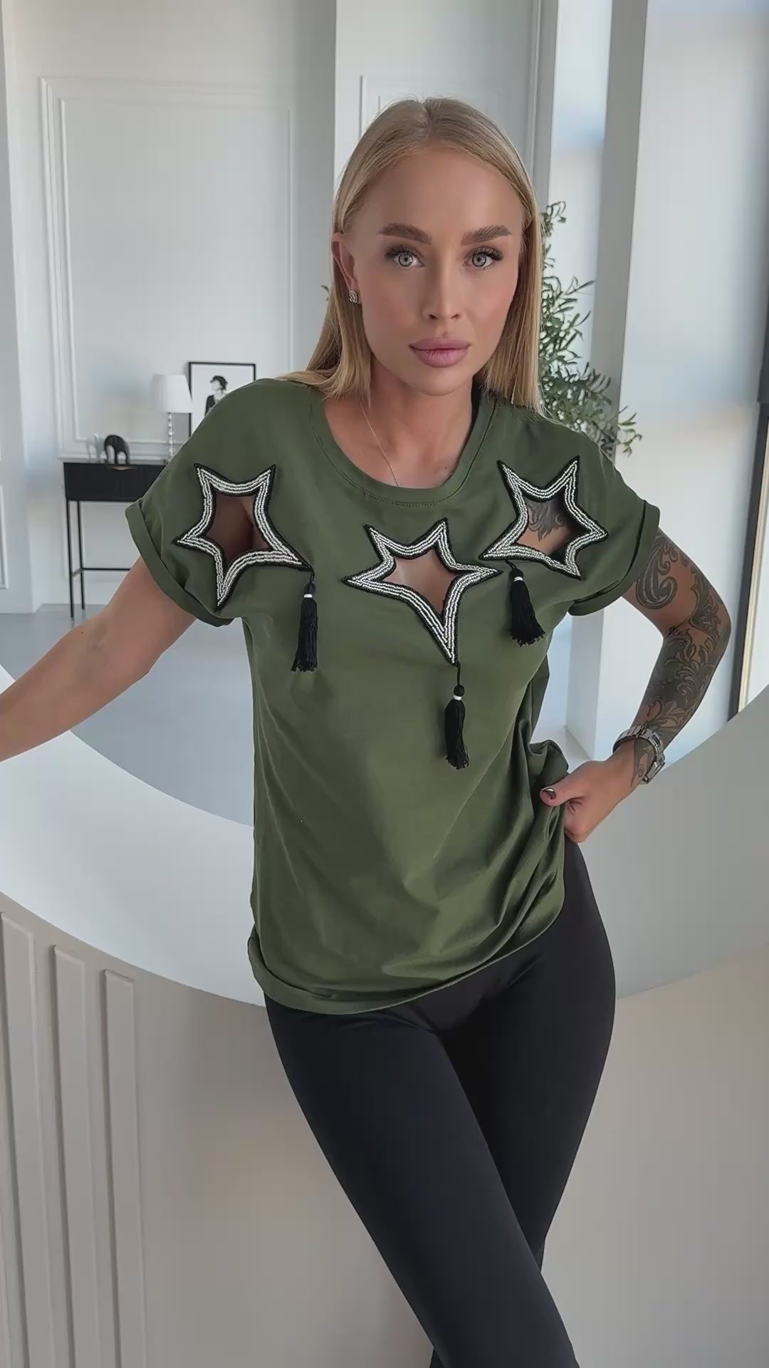 Women’s Stars Beaded T-Shirt Khaki