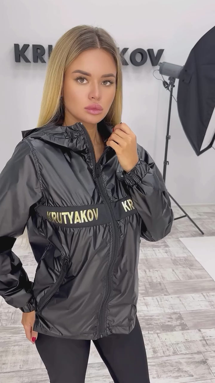 Women’s Shiny Windbreaker Stripe Classic Black