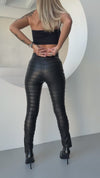 WOMEN’S RIBBED FAUX LEATHER SLIT LEGGINGS LINES — BLACK