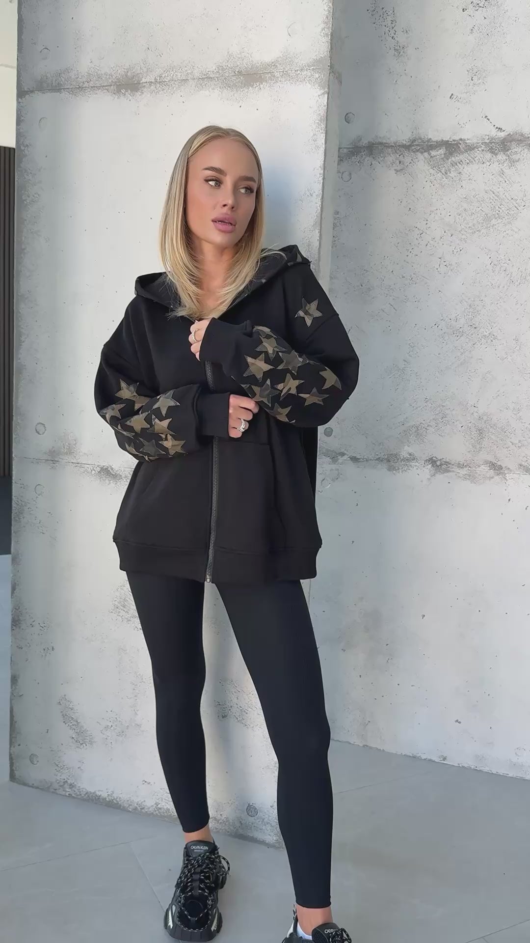 Women’s Hoodie — Black Leather Camouflage Stars