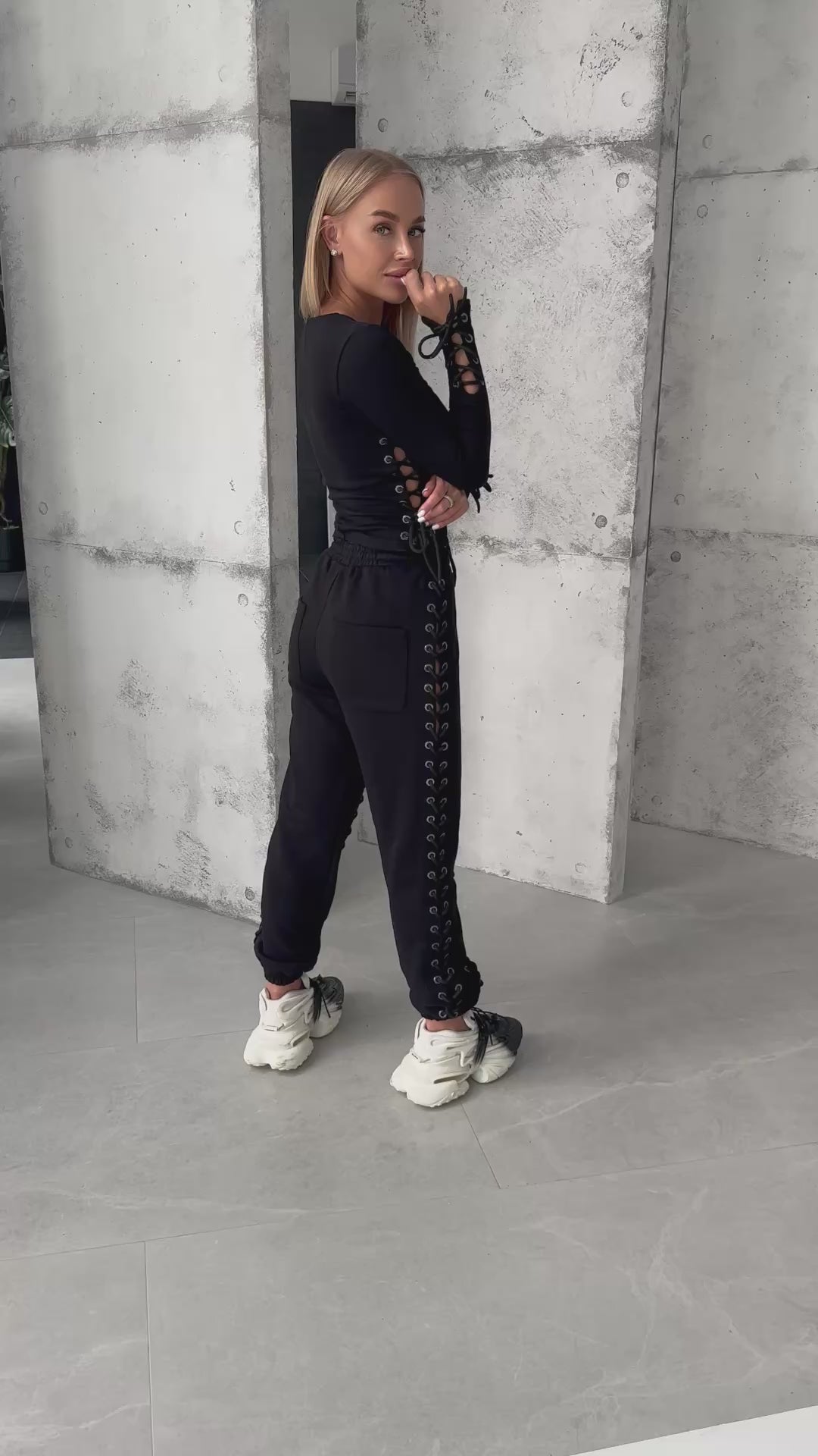 Women’s Black Lace-Up Corset Tracksuit — Lacy Long