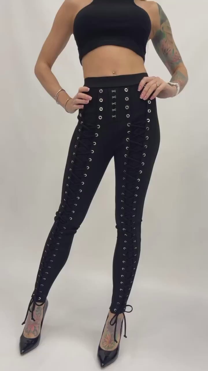 WOMEN’S FULL LACE-UP KNIT LEGGINGS MIRANDA — BLACK