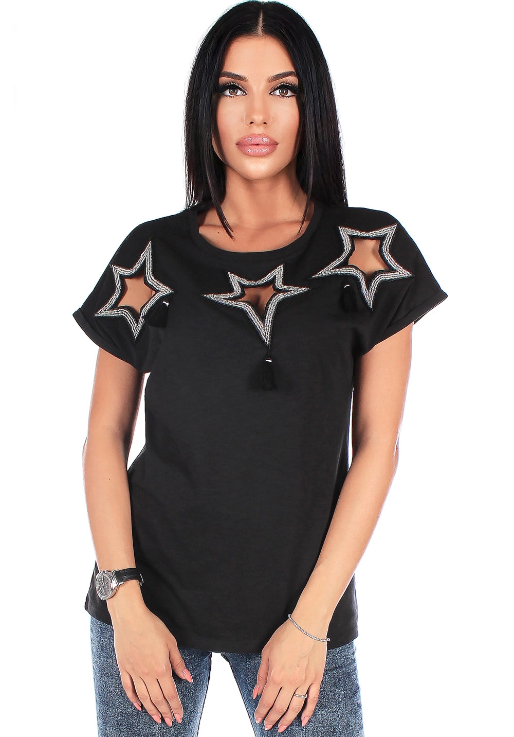 Women’s Stars Beaded T-Shirt Black