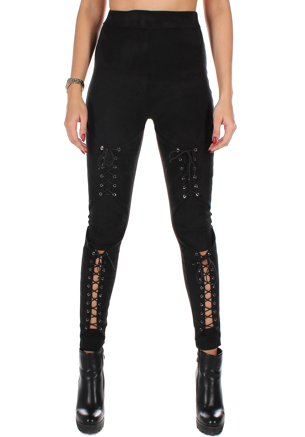 WOMEN’S SUEDE DOUBLE LACE-UP LEGGINGS LACING 2 — BLACK