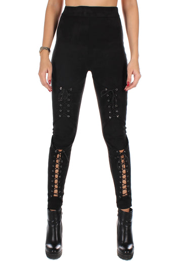 WOMEN’S SUEDE DOUBLE LACE-UP LEGGINGS LACING 2 — BLACK