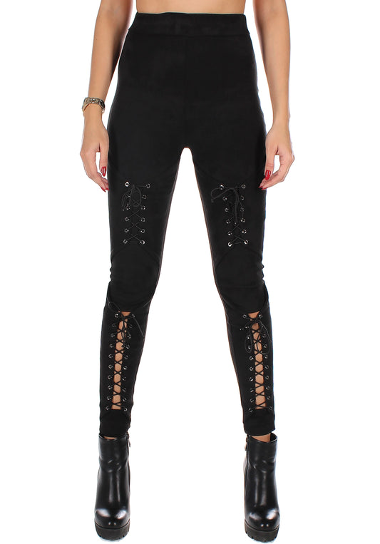 WOMEN’S SUEDE DOUBLE LACE-UP LEGGINGS LACING 2 — BLACK