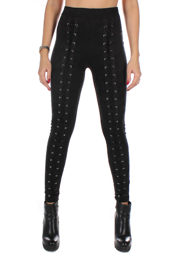 WOMEN’S FULL LACE-UP SUEDE LEGGINGS LACING — BLACK